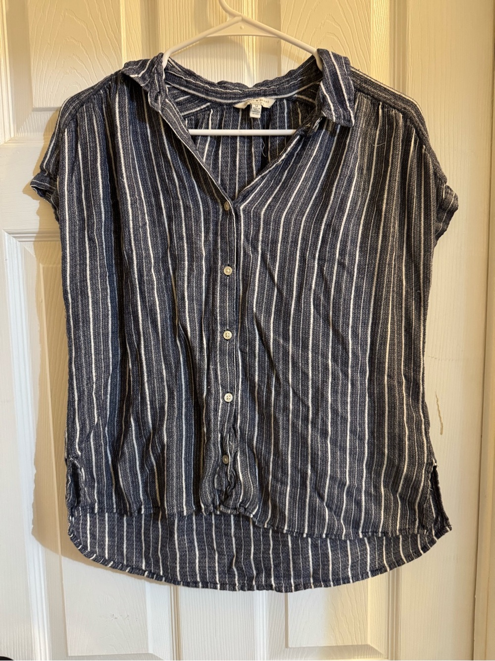 Lucky Brand Navy and White Striped Short Sleeve Button-Down Top